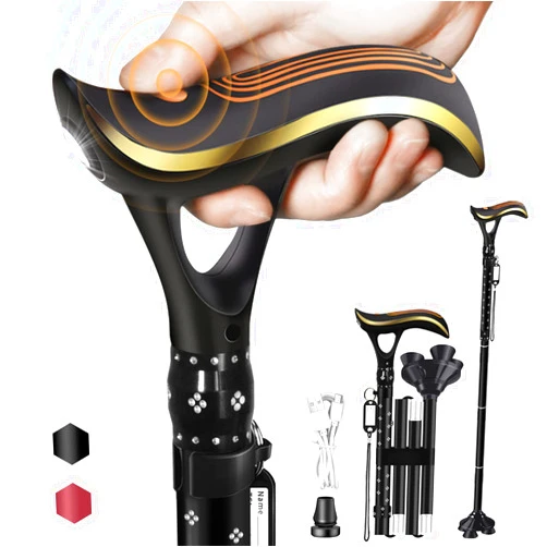 Ispuoocti Folding Cane, Smart Alarm Foldable Cane with Light, Fashion Walking Cane for Women&Men, Adjustable Canes for Seniors, USB Direct Charging, Lightweight and Portable