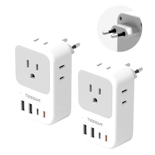TESSAN European Travel Plug Adapter 2 Pack, PD 20W Adapter for Europe Plug with 4 AC Outlets 4 USB (2 USB C), Type C Adaptor for US to Europe, Italy, Spain, France, Portugal, Greece, Iceland, Germany