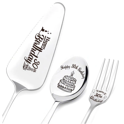 VWALK Happy 30th Birthday Personalized Laser-Engraved Stainless Steel Birthday Party Utensil Set - Cake Server, Spoon, and Fork for Son Daughter Husband Wife