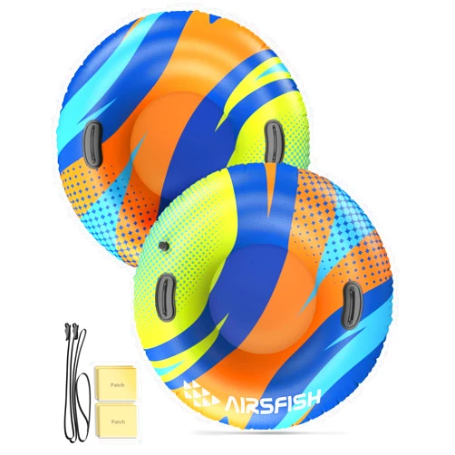 AirsFish Snow Tube with Towable Leash, AirsFish Inflatable Snow Sled for Children Adults Heavy Duty Cover Wear-Resistant & Antifreeze Material Sledding Tubes for Winter Sports