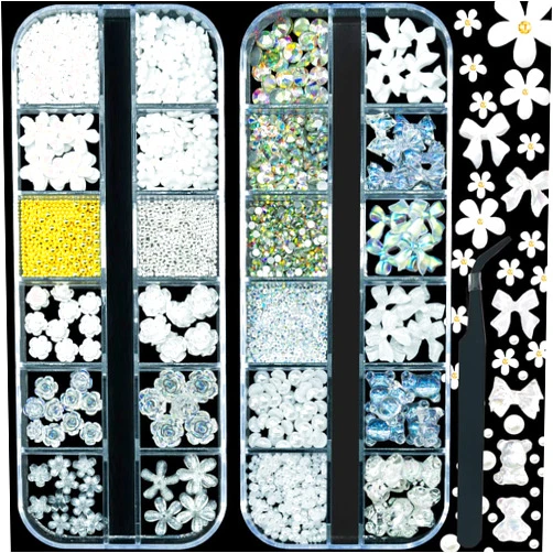 Qiipii Nail Charms Flower Butterfly Bear Bow, 2400pcs 3D Nail Art Kit White/Aurora Rose Nail Flower Art, Golden Silver Metal Caviar Beads Nail Pearls Rhinestones, Resin Flower Nail Charms for Acrylic Nails