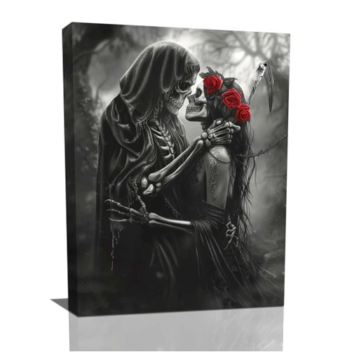 Fuzawet Gothic Skull Wall Art Pictures Goth Skeleton Wall Decor Canvas Painting Home Modern Artwork Decorations Framed for Bathroom Living Room Bedroom Office 12 x 16 inch