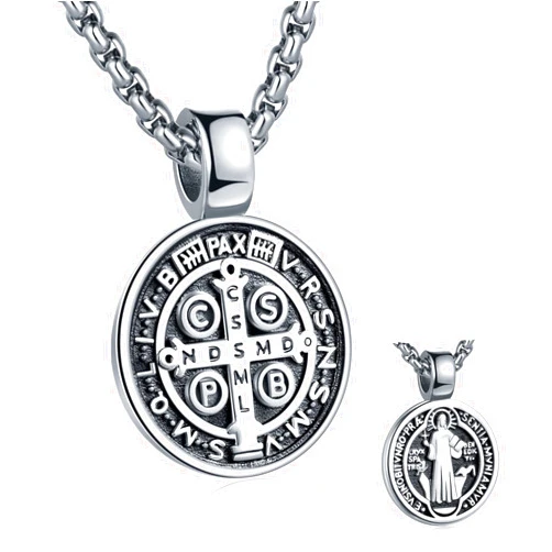 FSYAEGZA St Benedict Exorcism Medal Pendant Necklace Men's Stainless Steel Catholic Roman Patron Saint Pendant, Round Antiqued Religious Cross Protector Talisman Pendant