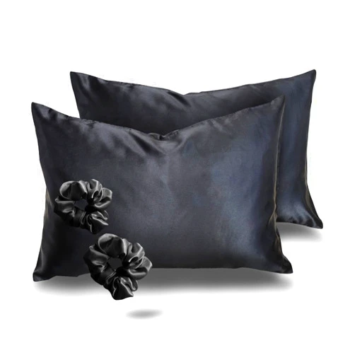 ALEXANDRA'S SECRET HOME COLLECTION Alexandra's Secret Satin Bed Zippered Pillowcase with Scrunchies for Hair and Skin Pack of 2 Gift Set Luxury Soft and Cooling Sleep Silky Pillow Cases with Zipper (Standard, Black)