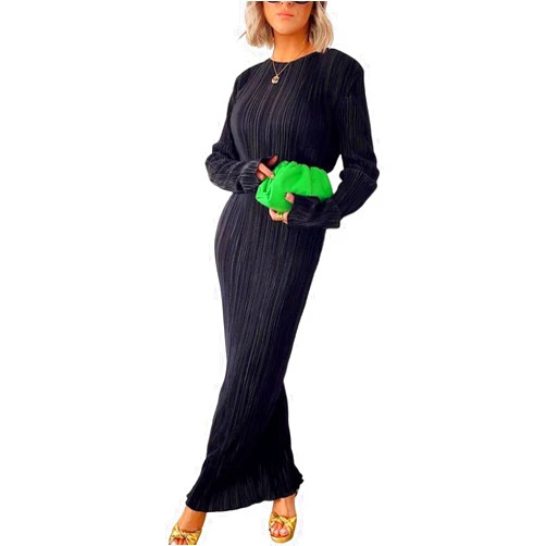 Annystore Women's Long Sleeve Loose Dress Pleated Crew Neck Slim Bodycon Plain Casual Maxi Dresses Cocktail Party Clubwear