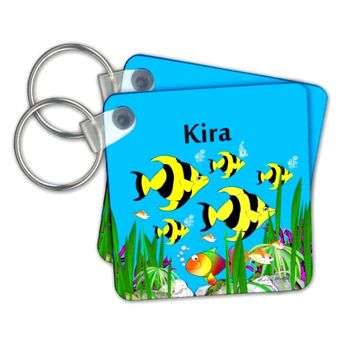 3dRose set of 2 Key Chains - Colourful tropical plants and fish design personalized with a female name Kira Female Child Name Designs