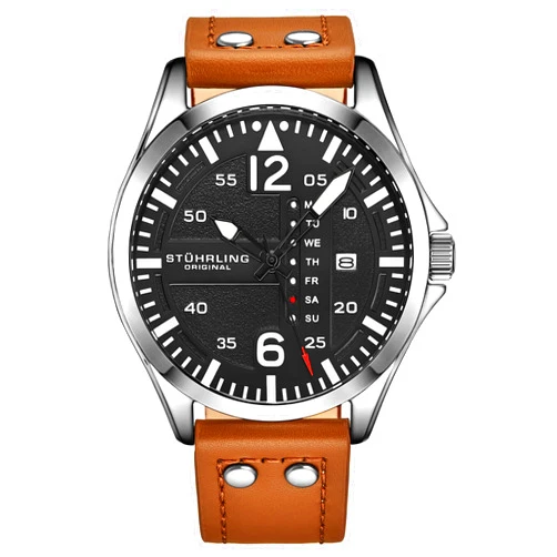 Stuhrling Original Mens Leather Watch -Aviation Watch, Quick-Set Day-Date Leather Band with Steel Rivets,