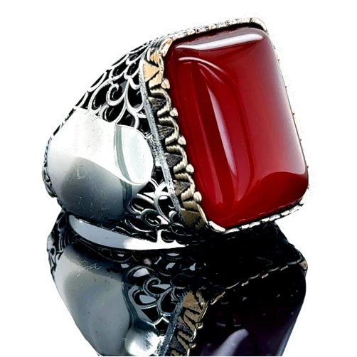Mercan Silver Man Red Agate Ring, Men Handmade Silver Ring, Dark Aqeeq Gemstone Ring, Ottoman Style Ring, 925k Sterling Silver, Father Gift, Gift For Him