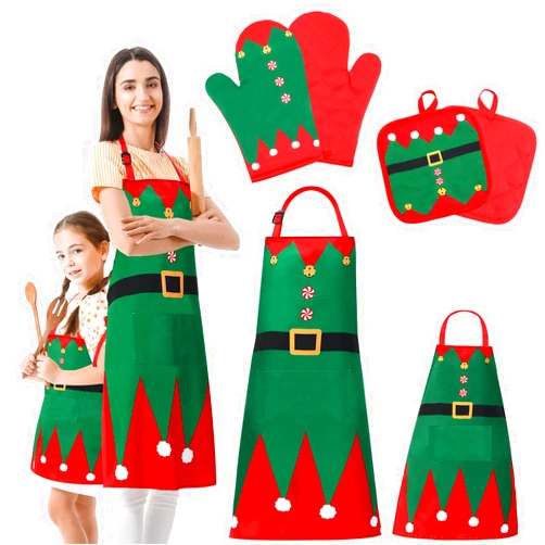 Outus 6 Pack Christmas Parent Girl Matching Kitchen Cooking Apron Gift Set with Oven Mitts and Pot Holders Adjustable Waterproof Kitchen Chef Aprons for Christmas Party Cooking Kitchen Baking