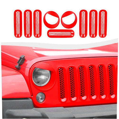 SQQP Mesh Grille Grill Insert+Angry Bird Style Headlight Turn Light Cover Trim Fit for 2007-2018 Jeep Wrangler JK JKU(Red)