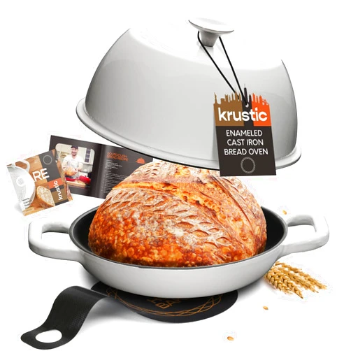 Krustic Enameled Cast Iron Dutch Oven for Sourdough Bread Baking | 6 Quart Pot with Lid | 10 Inch Ceramic Enamel Thick Coated Cookware Set with Non Stick Silicone Baking Mat for Cooking | 6 Qt | White