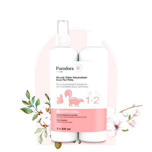 Purodora Lab Dog Shampoo + Odor Spray Combo for Skunk & Strong Smells (Step 1 & Step 2) | All-Natural, Organic Skunk Odor Neutralizer for Grooming (2 x 250ml, 17oz – Apple & Cotton Scent)