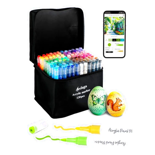 YHC 120 Colors Acrylic Paint Markers with Free App, Dual Brush & Fine Tip Acrylic Paint Set for Adults Coloring, Paint Pens for Eggs, Wood, Rock, Canvas, Fabric, Plastic, Stone, Glass, Ceramic,DIY Crafts