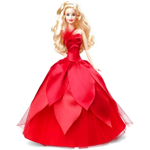 Barbie Signature 2022 Holiday Doll, Blonde Wavy Hair Wearing Red Poinsettia-Inspired Gown, Collectible with Doll Stand & Certificate of Authenticity