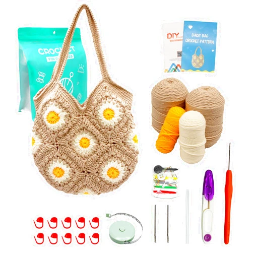 Uongeod Crochet Kit for Beginners Daisy Tote Bag DIY Knitting Kits of Daisy Tote Bag with Step-by-Step Video Tutorials Crochet Kit Beginners for Adults and Kids