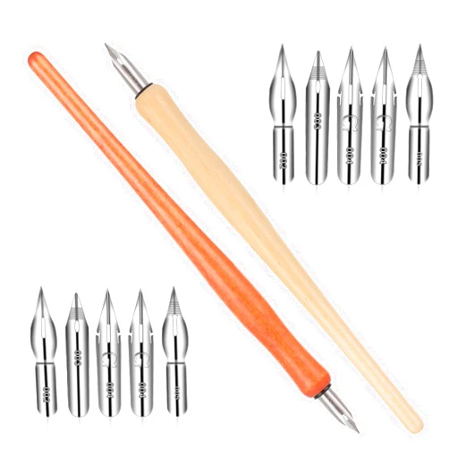 Bewudy 10 PCS Oblique Calligraphy Dip Pen Set, Comic Pen Nib Set, Fluid Writer Pen, with 8 Pieces Stainless Steel Pen Replacement Nibs Nib for Writing Painting Signing and Sketch (Solid Wood)