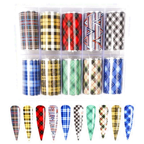 LPOne 10 Rolls 4 x100cm Buffalo Plaid Nail Foil Transfer Sticker Adhesive Decals Adhesive Stickers Supplies Nail Decals Manicure Transfer Tips Nails Art DIY Decoration Kit., 4*100 cm