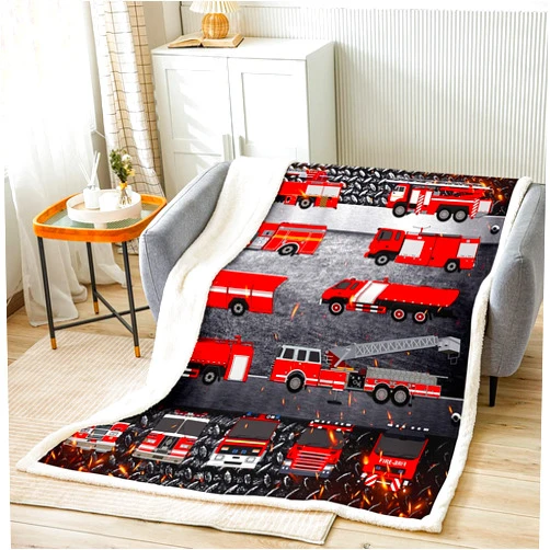 Manfei Firefighting Truck Throw Blanket Red Fire Truck Fleece Blanket for Couch Sofa Emergency Rescue Vehicle Bed Blanket for Kids Boys Teens Cartoon Car Flannel Blanket, Baby Size (30 x 40 Inches)