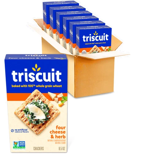 Triscuit Four Cheese & Herb Whole Grain Wheat Crackers, Lunch Snacks, Bulk Snack Crackers, 6 - 8.5 oz Boxes