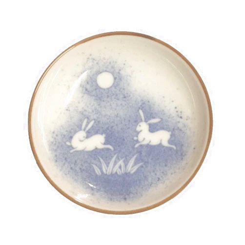 Yokohama Gifts Four Pieces of Japanese 3.75 Inch Diameter Moon Rabbit Sushi Soy Sauce Wasabi Dipping Dish Plates