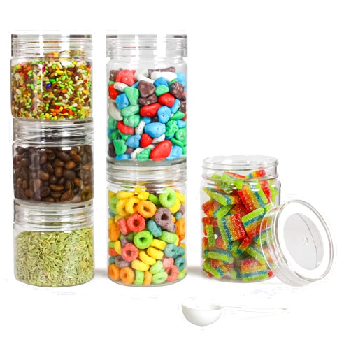 PEARLPET Plastic Tiffany Container Set for Kitchen Storage Set with Spoons, ((200ml-3pcs),(300ml-3pcs) Set of 6) -Transparent