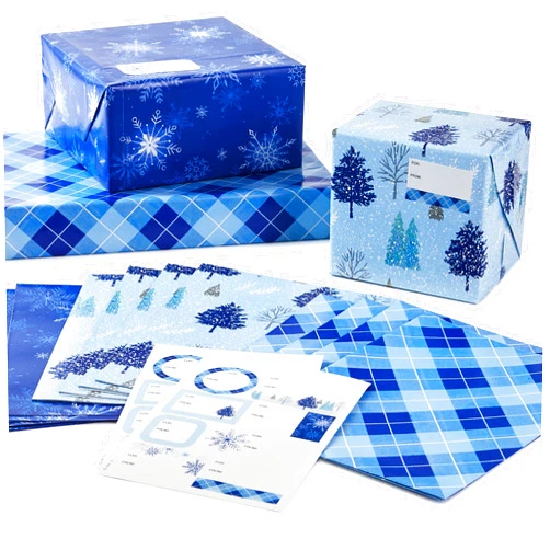 Hallmark Recyclable Flat Wrapping Paper Sheets with Cutlines on Reverse (12 Folded Sheets with Sticker Gift Tags) Winter Blue Plaid, Trees, Snowflakes