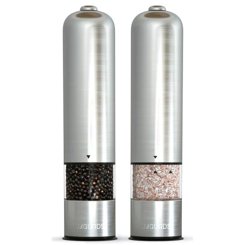 JAGURDS Electric Salt and Pepper Grinder Set - Automatic, Refillable, Battery Operated Stainless Steel Spice Mills with Light - One Handed Push Button Peppercorn Grinders and Sea Salt Mills
