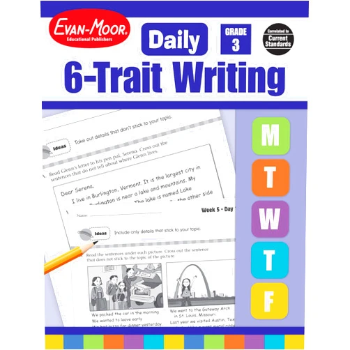 By Evan-Moor Educational Publsihers (Author) Evan-Moor Daily 6-Trait Writing, Grade 3, Homeschool and Classroom Resource Workbook, Reproducible Worksheets, Teaching Edition, Lesson Plans, Ideas, Organization, Word Choice, Sentence Fluency, Voice