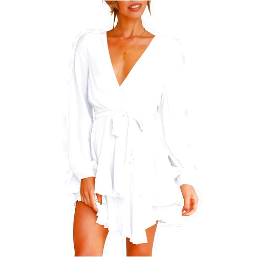 Cosonsen Women's Dress Deep V-Neck Long Sleeve Waist Tie Ruffle Mini Swing Skater Dresses