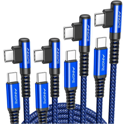 AINOPE USB C Cable 60W 4-Pack 3.3FT+3.3FT+6.6FT+10FT Nylon Braided USB C to USB C Cable Type C Charger Fast Charging Right Angle USBC Cable Charger Cord for iPhone 16 Pro Max 15 Plus Samsung S24 Blue