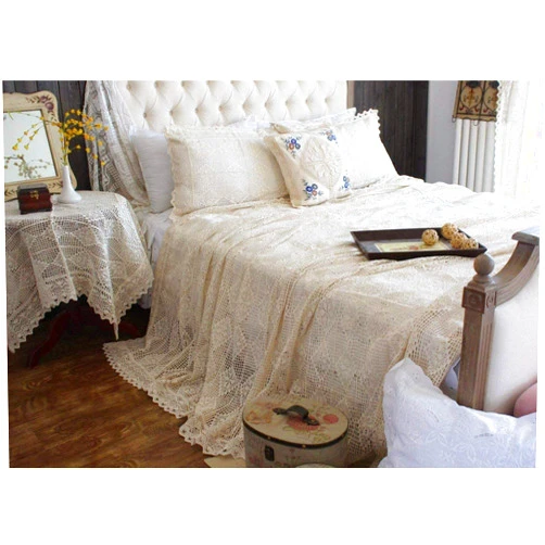 ABREEZE Vintage Cotton Bedding Set Hand Crochet Bedspread Hook Floral Beige Lace Bed Spread with Pillowcases 3Pcs,Queen