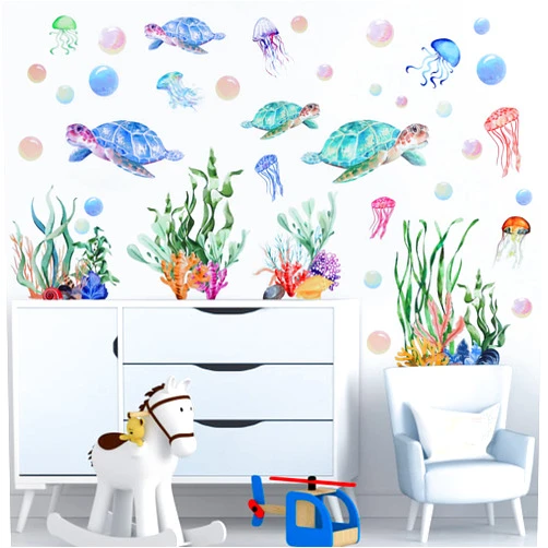 Kalolary 3D Under The Sea Coral Reef Wall Decals - Sea Turtle, Seaweed, Ocean Grass, Bubbles - Decoration for Wall Corner, Nursery, Children's Bedroom, Bathroom