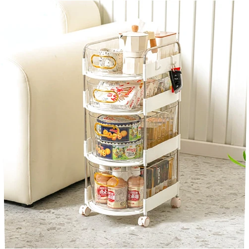 TrueyEssence 4-Tier Plastic Drawer Organizer with Wheels, Transparent Rolling Utility Cart Cosmetics Storage Rack Snacks Drinks Trolley Multifunctional Shelving Unit for Kitchen Bathroom Living Room