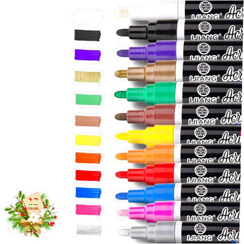 IJIANG Acrylic Paint Pens for Rock Painting Outdoor Waterproof Paint Markers Tire Pen, Water-Based Eco-Friendly Non-Toxic Anti - UV, Bright Long-Lasting Strong Coverage, 12 Colors