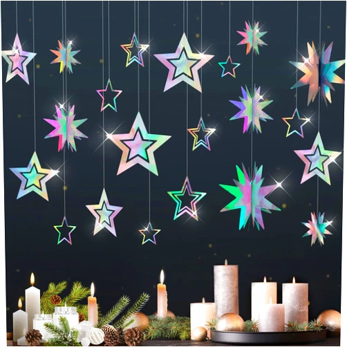 KINYFY Star Garland Decorations Kit,Holographic Twinkle Little Stars Garlands Glitter 3D Star Garlands Star Hanging Streamer Backdrop Banner for Birthday Baby Shower Graduation Wedding Ramadan EID