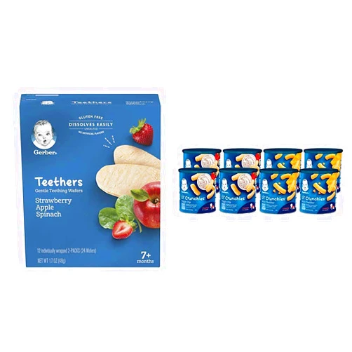 Gerber Teethers Gentle Teething Wafers - Strawberry Apple Spinach, 6 Count & Lil Crunchies, Mild Cheddar & Veggie Dip, 8 Count Strawberry Apple Spinach Wafers + Lil Crunchies