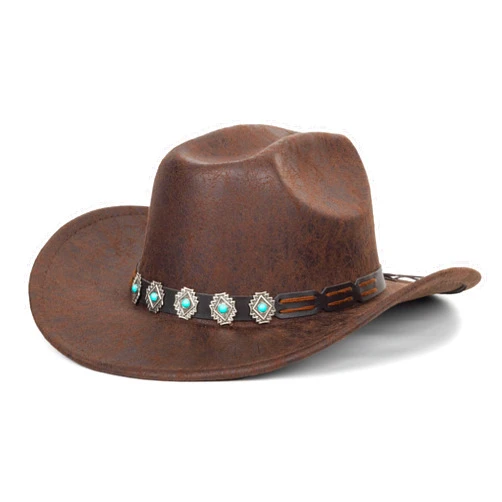 Eohak Western-Cowboy-Hats for Women-Men Brown-Pu-Leather-Cowgirl-Hat Wide-Brim-Fedora-Hats Outback Tourist Knight Hat（M-L）