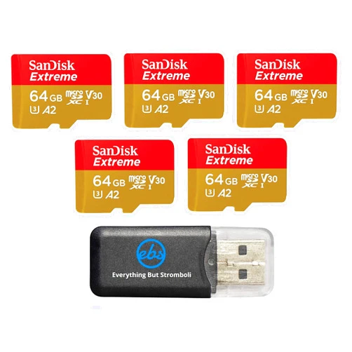 Everything But Stromboli SanDisk 64GB Extreme MicroSDXC Memory Card (5 Pack) Works with DJI Drone Series Mini 4 Pro (SDSQXAA-064G-GN6MN) V30 A2 4K UHD UHS-I Bundle with (1) Everything But Stromboli MicroSD Card Reader