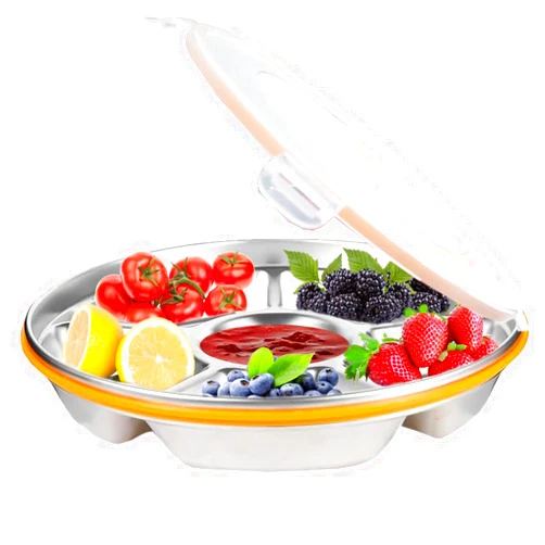 Karasmay Divided Serving Tray with Lid - Reusable Veggie Tray with Lid and Dip Snack Platter Stainless Steel 6 Compartments 10inch 60oz for Picnics,Party Platter,Snackle Box Container Fruit Trays (1)