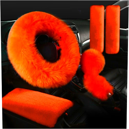 Zzxswc 6 Pcs Fuzzy Steering Wheel Cover Set for Women, Furry Car Accessories Armrest Covers Center Console Handbrake Seat Belt Cover Shoulder pad Gear Shift Cover Decoration (Orange)