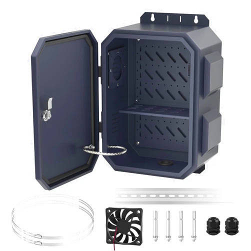 Joinfworld Outdoor Electrical Box Metal Waterproof Electrical Junction Box IP65 Vented Enclosure Weatherproof with Cold-Rolled Steel Plate Fan Din Rail Cable Gland 15.7