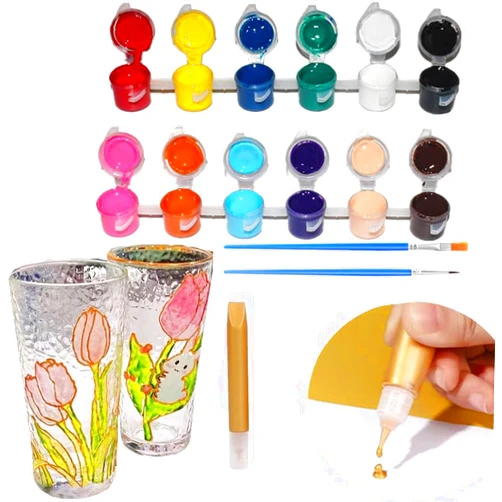 CHUMIRRY KIDS Stain Glass Paint with Gold Line Marker, Handmade DIY Water Ripple Glass Painting, Complete Material Package, Small Night Light, Desk Lamp, Desktop Decoration