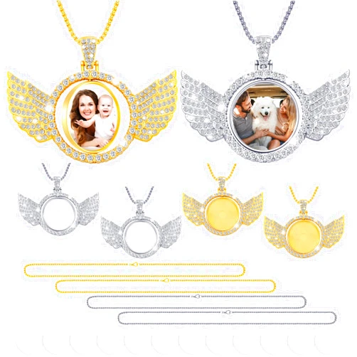 Junkin 24 Pcs Sublimation Rhinestone Trays Pendant Set, Including 6 Double Sided Blank Rhinestone Bezel Trays, 6 Pcs Thick Chains with 12 Sublimation Discs for Making