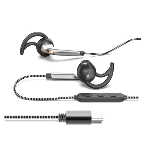 ANFLOWE Wired USB C Headphones for Sports Running, Half in-Ear Earbuds with Microphone, Secure Fit, Tangle-Free Braided Cord, Pure Sound, Type C Earphones with Mic for Workouts, Gym, Jogging - Silver
