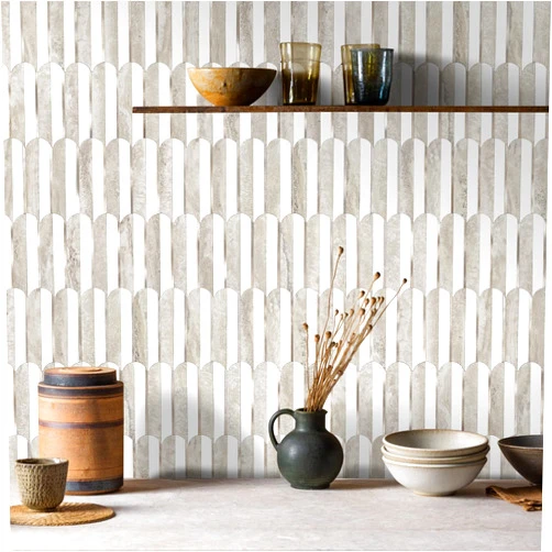 Vamos Tile Vamos Peel and Stick Backsplash Seamless Tile for Kitchen and Bathroom,White and Beige Slate PVC Mixed Light Gold Self Adhesive Fish Scale Metal Mosaic Tiles (10 Sheets)