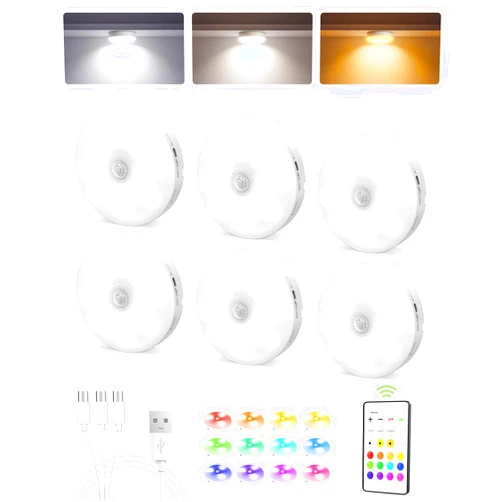 EZVALO 6-Pack Under Cabinet Lighting, Rechargeable Motion Sensor Puck Light with Remote, 3 Color Temps & 12 RGB Colors, Magnetic Stick on Light, Dimmable Under Counter Light for Kitchen, Home Decor
