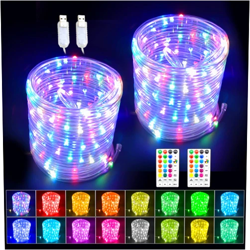 GLPE LED Rope Lights with USB Powered, 2 Pack X 33Ft 100 LED String Lights Indoor Outdoor with Remote,16 Color Changing Fairy Tube Lights for Bedroom Garden Party Wedding Christmas