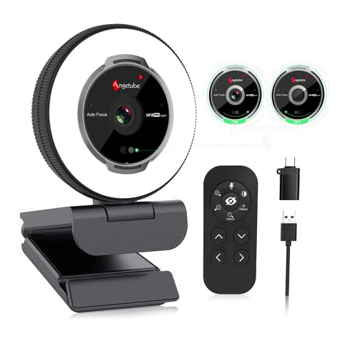 Angetube Streaming Webcam with Microphone: 1080P 60FPS USB Web Cam with Ring Light and Remote Control - HD Web Camera with 5X Digital Zoom Built in Privacy Cover,for PC|Computer|Laptop|Mac|Desktop