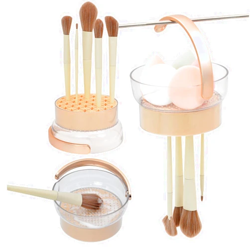 Rebex Makeup Brush Cleaning Mat and Easy to Dry with Upside Down.3 in 1 Makeup Brush Holder Cosmetic Facial Brush Organizer Cleaner for Storage & Air Dry(No Lid, Cream Color)