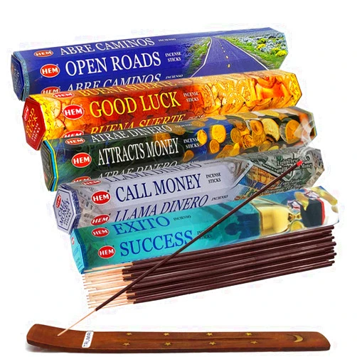 TRUMIRI Hem Incense Sticks Variety Pack #5 and Incense Stick Holder Bundle with 5 Money and Success Themed Fragrances